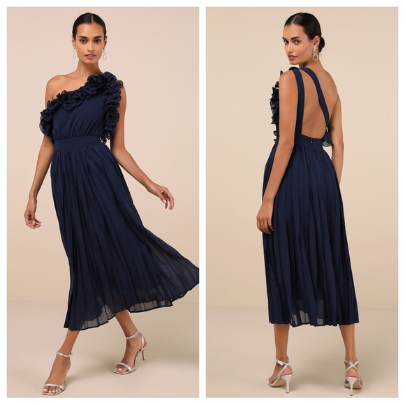 Lulus Splendid Charisma Navy Ruffled Pleated One-ShoulderMidi Dress